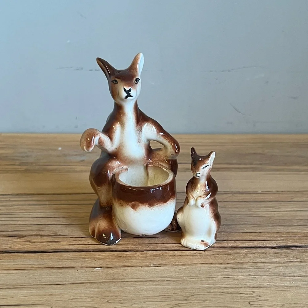 Vintage ceramic kangaroo and joey salt and pepper shaker set